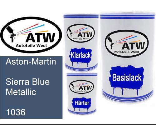 Aston-Martin, Sierra Blue Metallic, 1036: 500ml Lackdose + 500ml Klarlack + 250ml Härter - Set, von ATW Autoteile West.